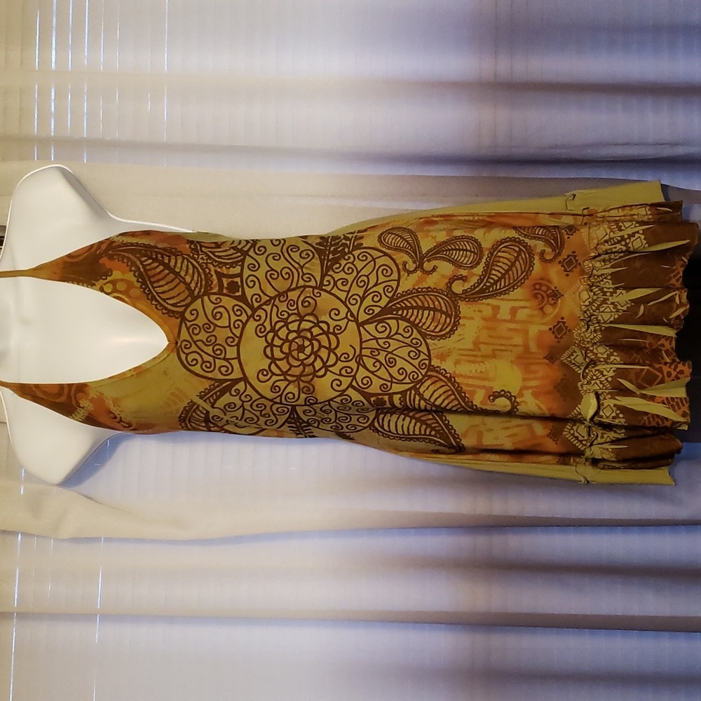 NWOT olive halter top dress with brown/tan/orange tribal/floral design